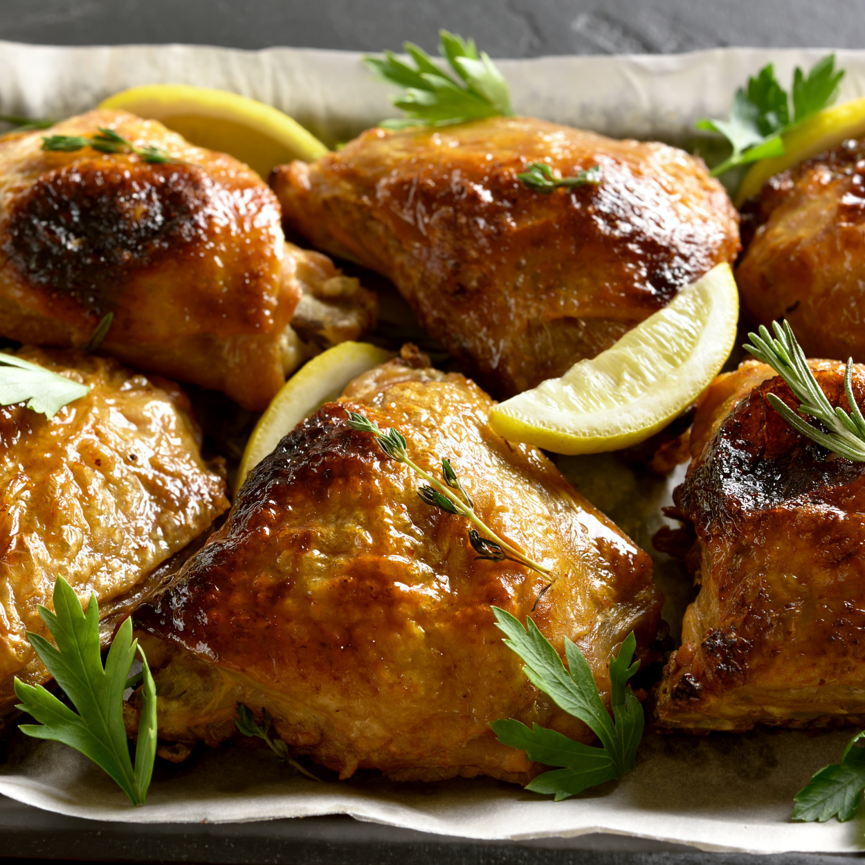 Chicken thighs with lemon wedges and herbs on parchment paper.