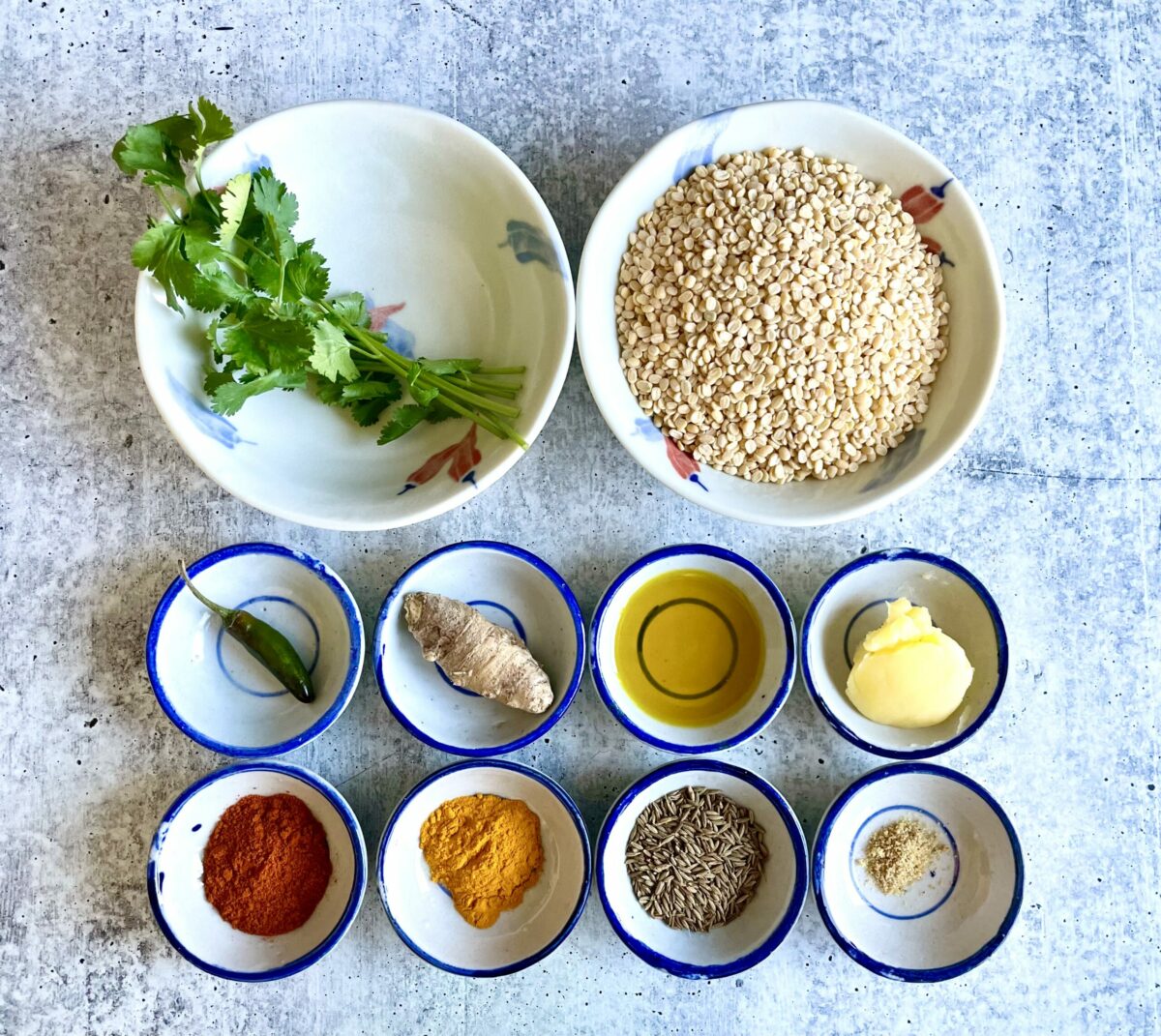 Ingredients for Bengali Moong Dal Recipe: fresh cilantro, split moong dal, whole green chili, ginger, mustard oil, ghee, chili powder, turmeric powder, cumin seeds, hing. All in small preparation bowls.