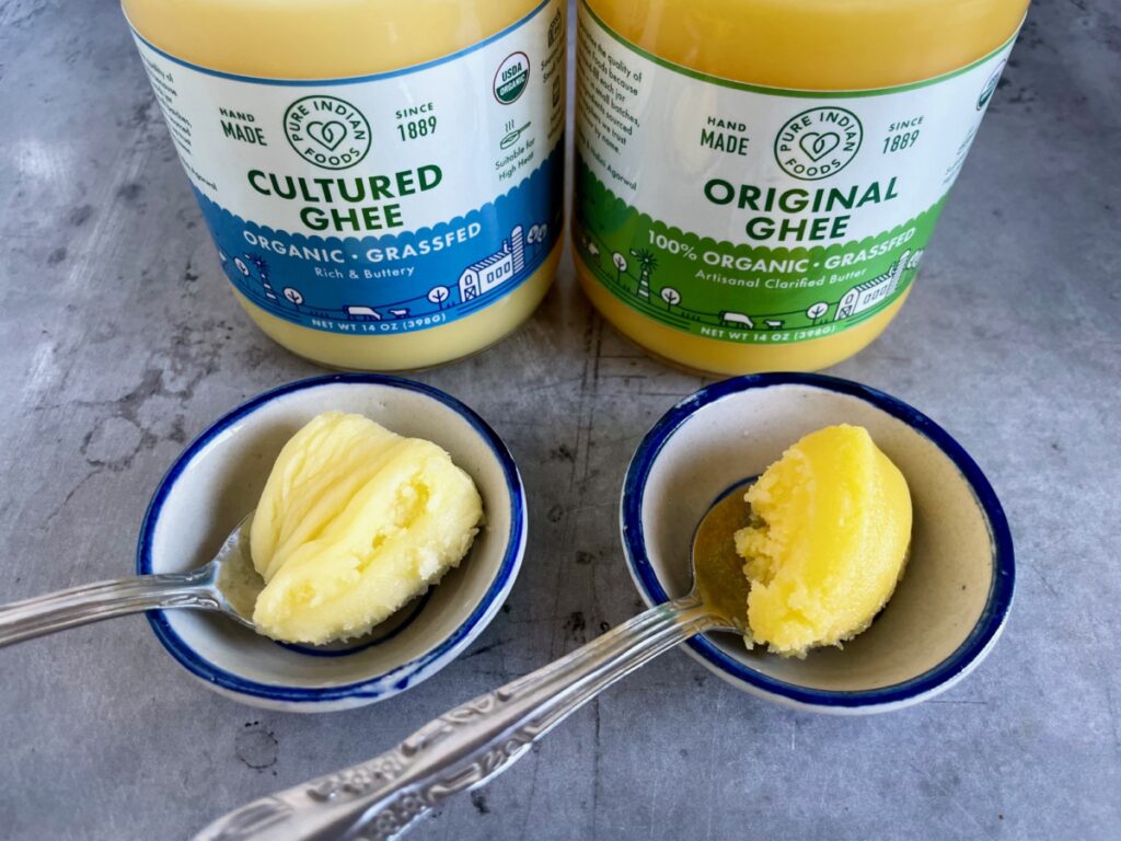 Pure Indian Foods cultured ghee and original ghee.