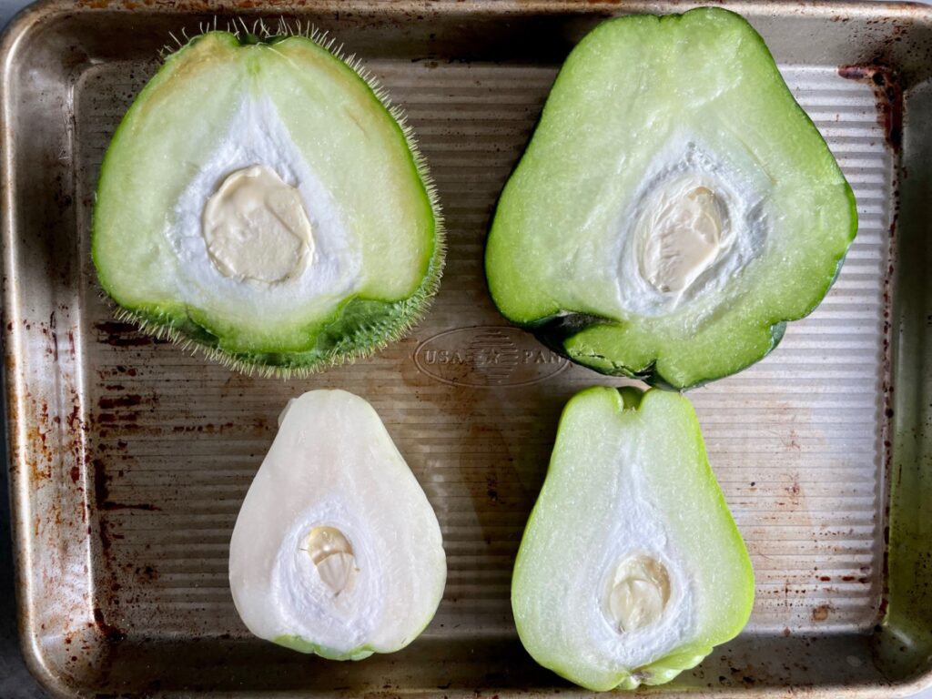 Four types of chayotes cut in half, is chayote keto?