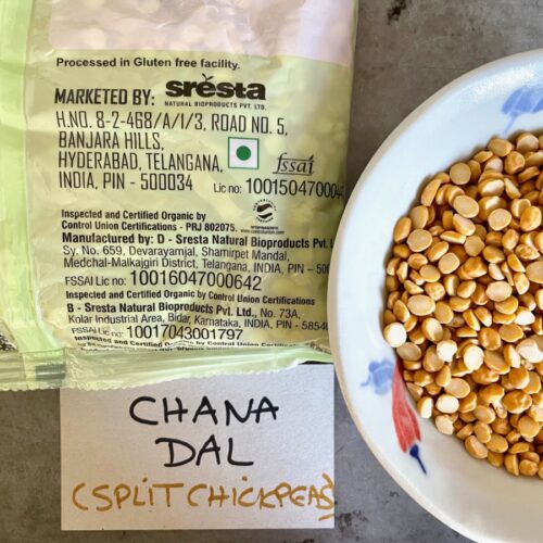 Gluten-free chana dal in package and in display bowl.